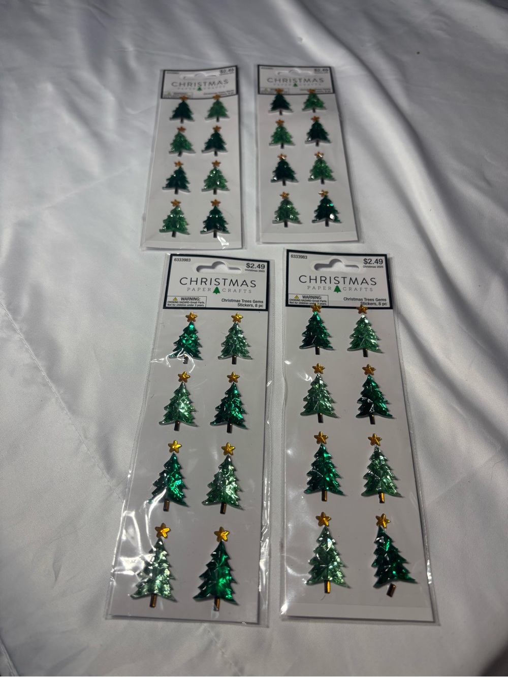 4 New Christmas Tree Sequin Stickers - Green with Gold Stars